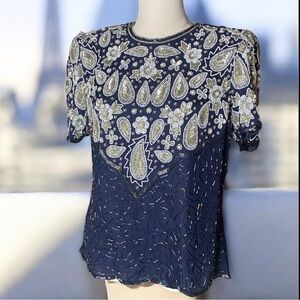 Vintage Lawrence Kazar Navy Blue
Beaded Silk Paisley Top PM